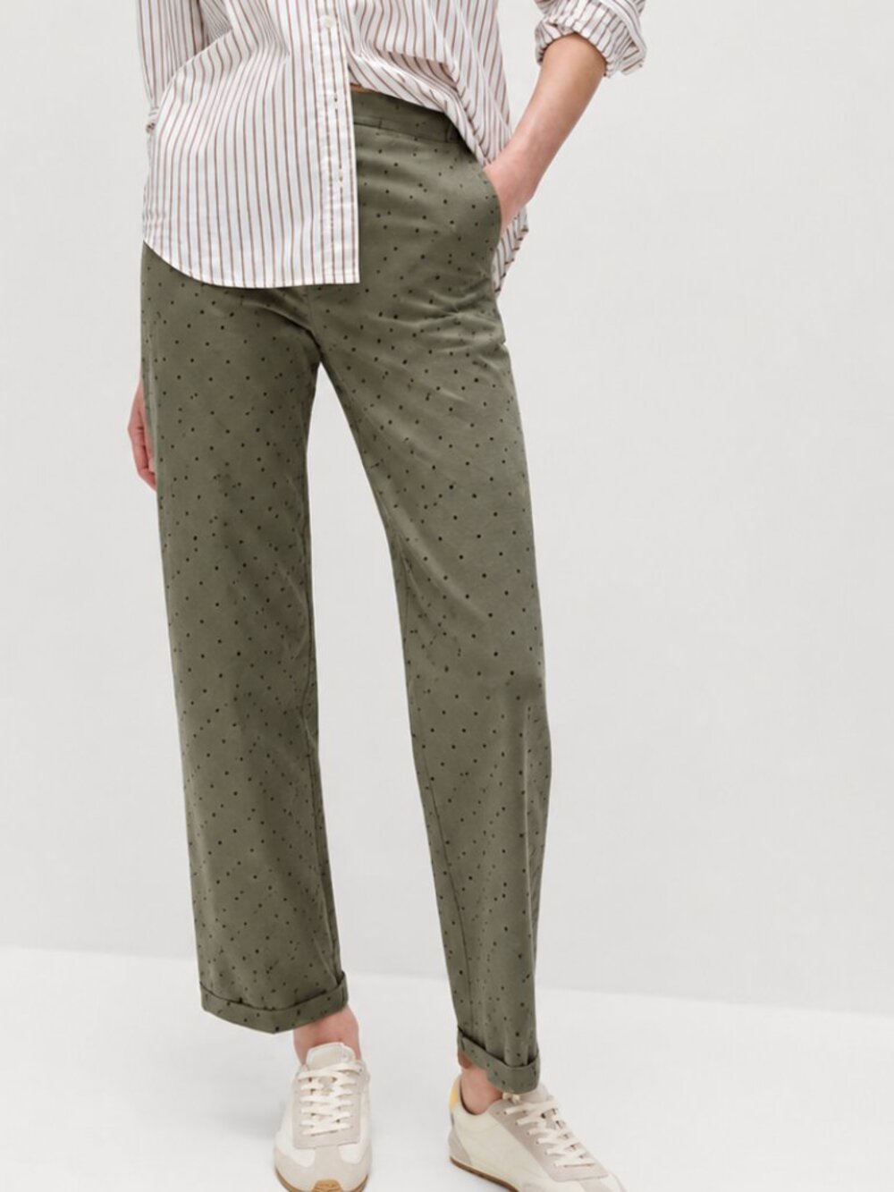 M&S Collection Olive Green Polka Dot Cotton Chino Pants Size 14 Relaxed Straight